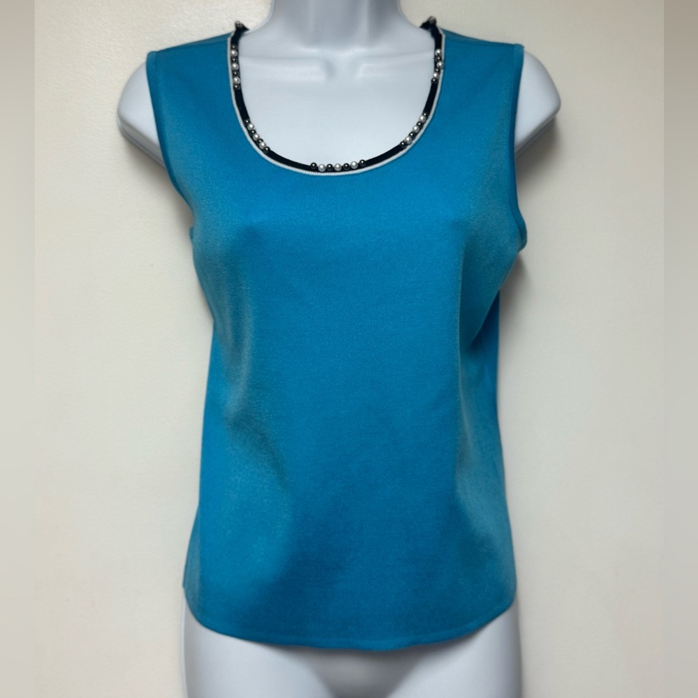 Ming Wang | Sleeveless Knit Tank Turquoise Blue with Pearl Embellishments